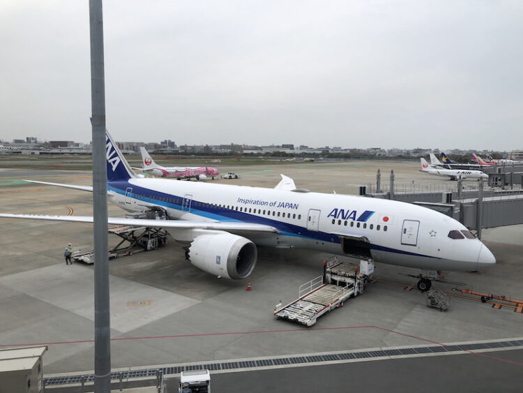 ANA LOUNGEの入口通路から見た駐機中のANA 787-8 Dreamliner